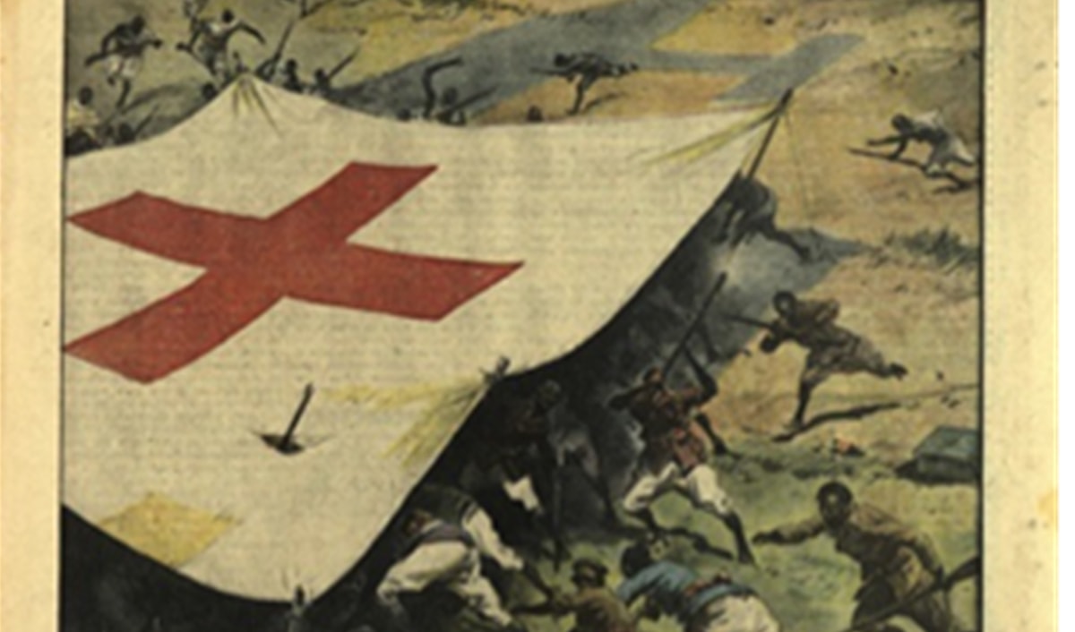 نشرت صحيفة إيطالية عام 1936 رسماً يُظهر المقاومين في أثيوبيا، تحت خيمة الصليب الأحمر، مبرّرةً استهداف المراكز الصحيّة