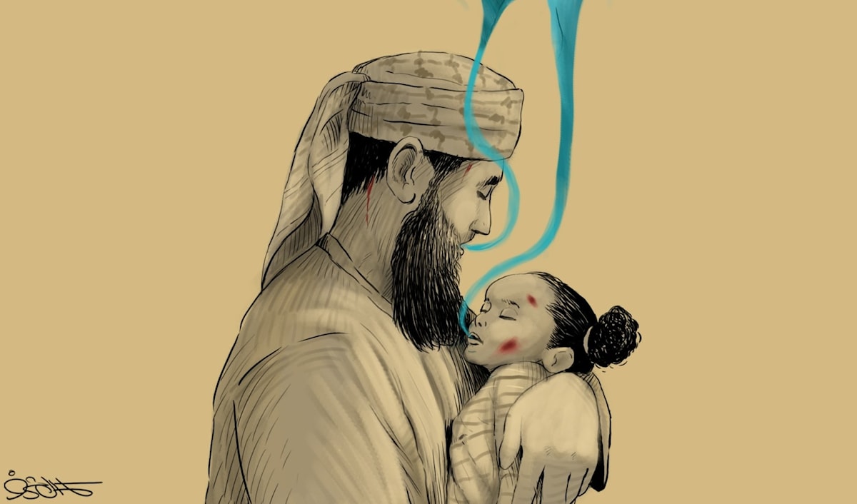 خالد نبهان وهو يودّع حفيدته ريم - كاريكاتير الأردني كمال شرف
