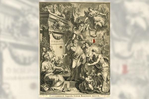 عمل يُظهر مشهداً رمزيّاً من الصفحة الأولى لإحدى طبعات «الإلياذة والأوديسة». يقف هوميروس في الوسط منشداً الشعر، بينما يقف أبولو، إله الشعر، يصغي إليه إلى اليمين. العمل مستوحى من يان غورِي، نحو عام 1710