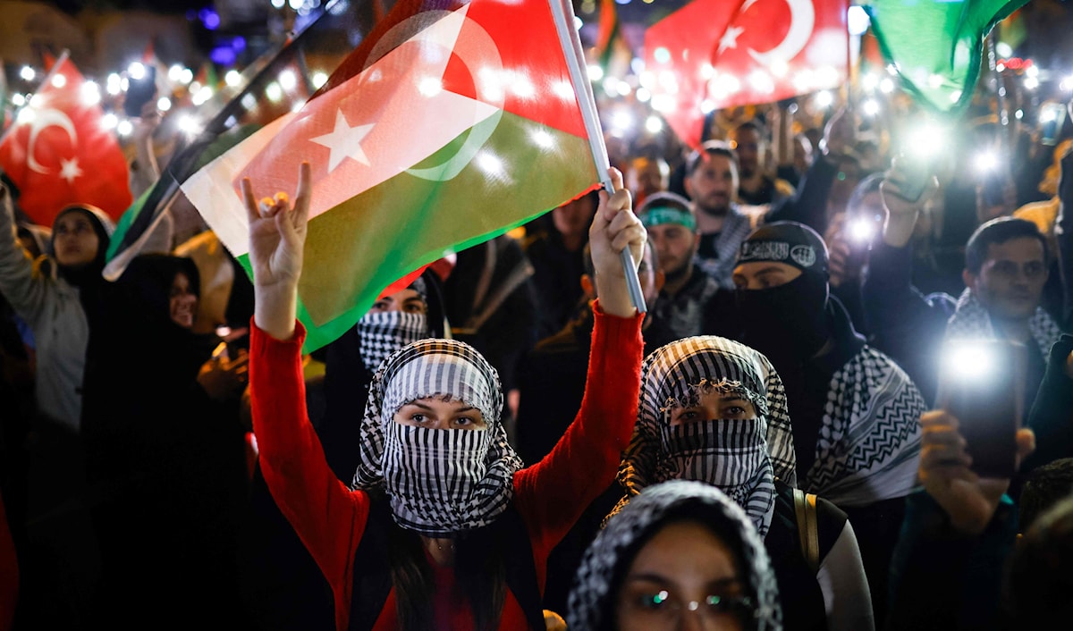 متظاهرون في إسطنبول يتضامنون مع الفلسطينيين ويستنكرون ما تعرّض له «أسطول الصمود» (أ ف ب)