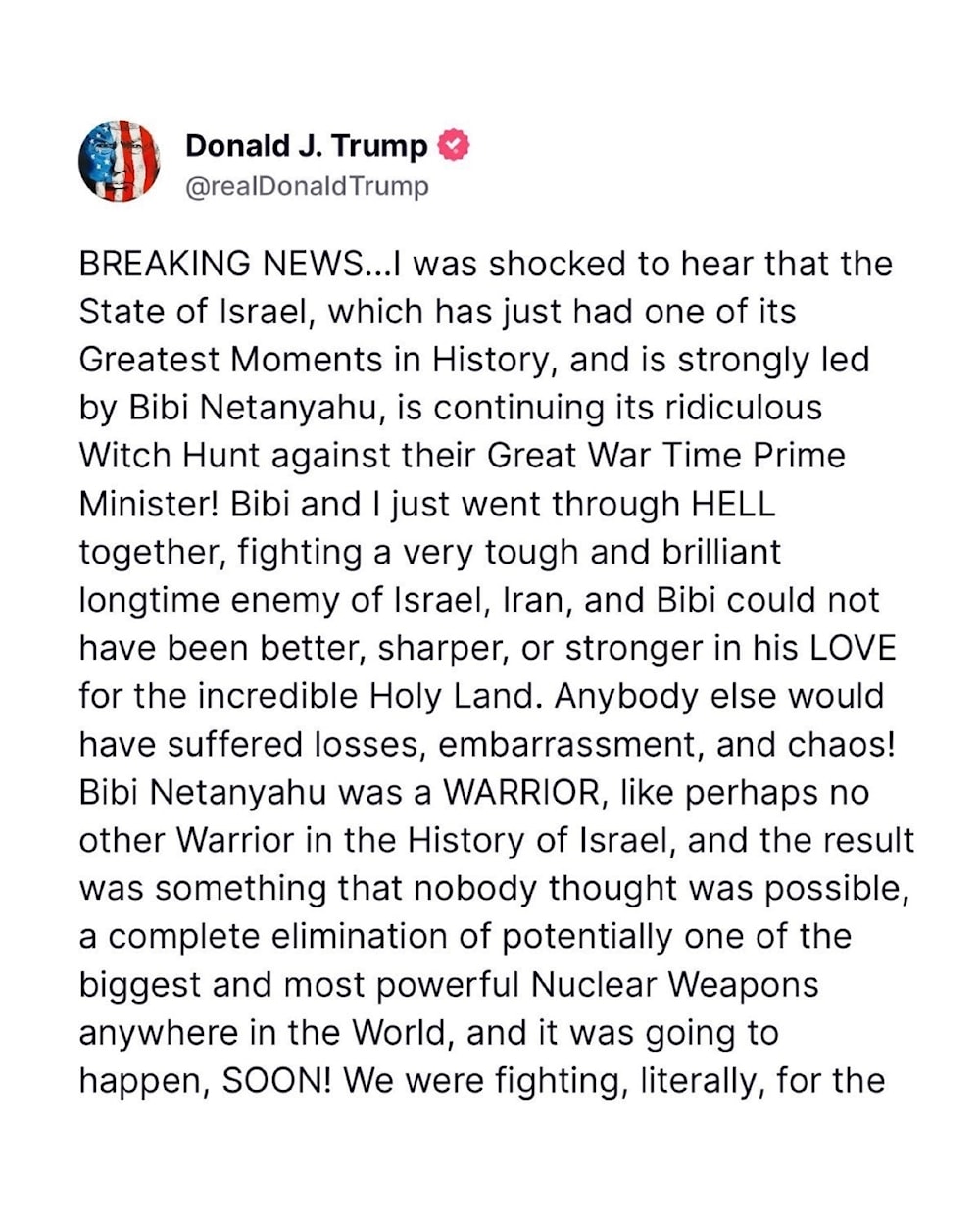 اعتبر ترامب أنه لا يوجد في تاريخ إسرائيل من قاتل بشجاعة أو كفاءة أكبر من نتنياهو (أ ف ب)