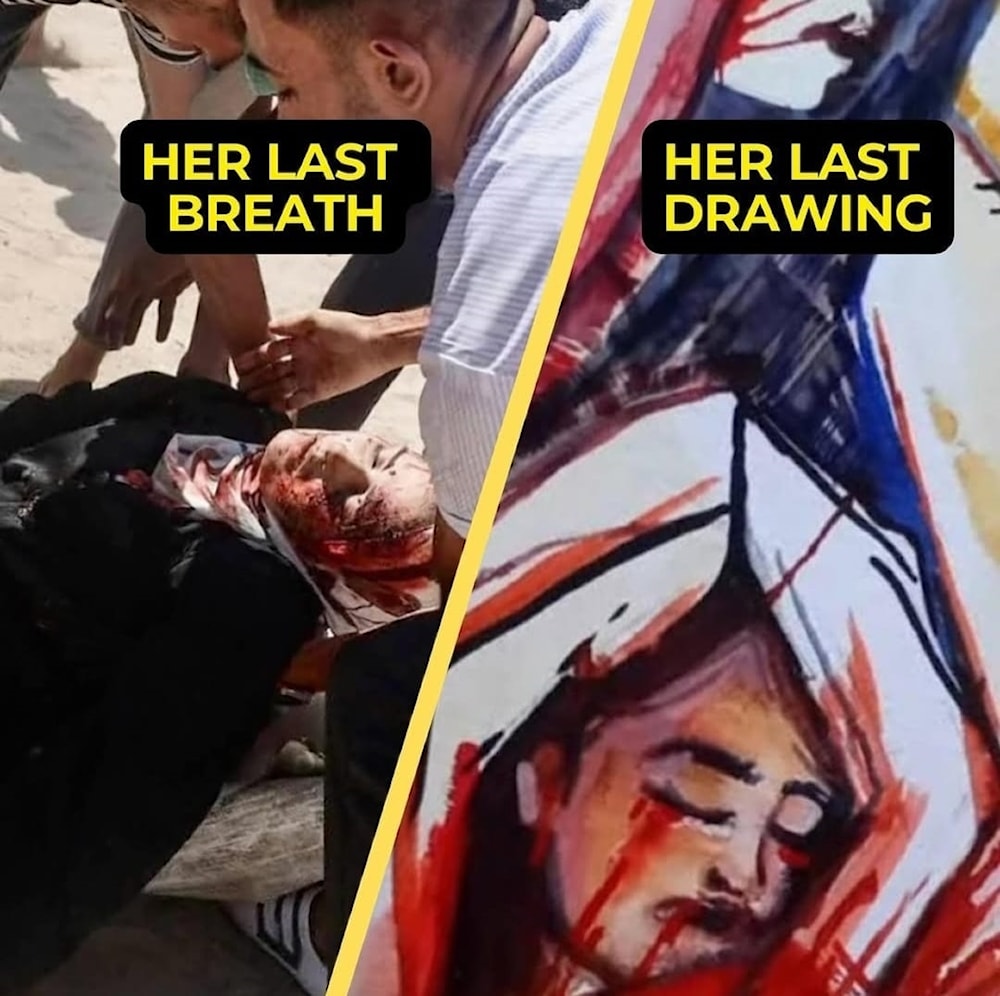 بعد قصف مقهى &laquo;الباقة&raquo; في غزة، ظهرت السالمي في صورتها الأخيرة، تماماً كما رسمت نفسها في إحدى لوحاتها: بغطاء رأسها الأبيض وقد تضرج وجهها بالدماء.