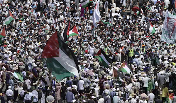 رفع المتظاهرون الأعلام الفلسطينية ولافتات تدعو إلى إنهاء الحصار الإسرائيلي على غزة (أ ف ب)