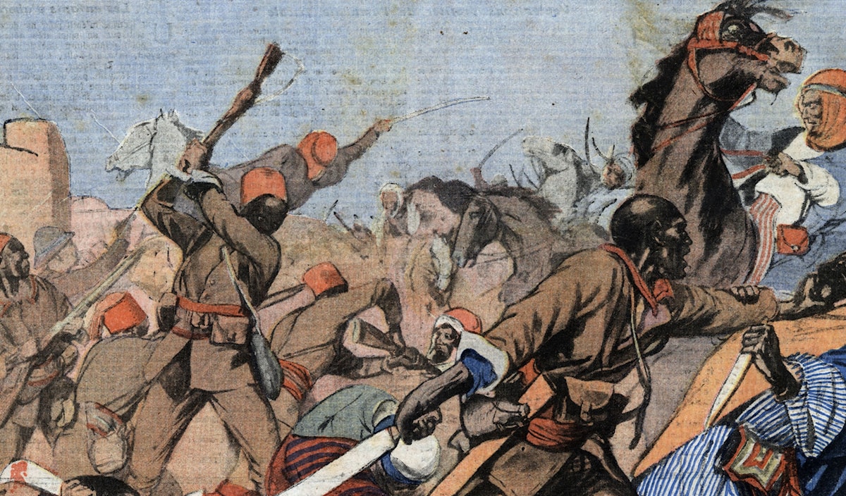 رسمة فرنسية تصوّر قتالاً بين الفرنسيين والسوريين عام 1925