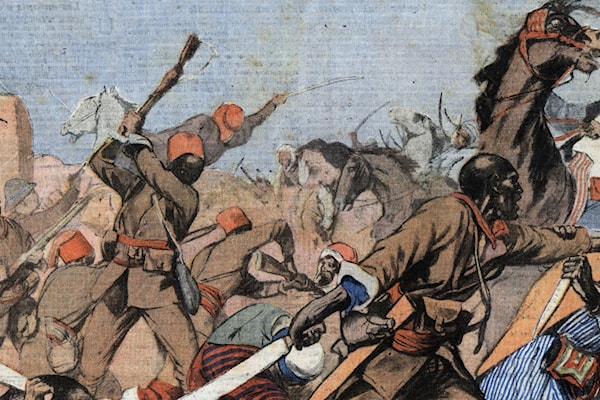 رسمة فرنسية تصوّر قتالاً بين الفرنسيين والسوريين عام 1925