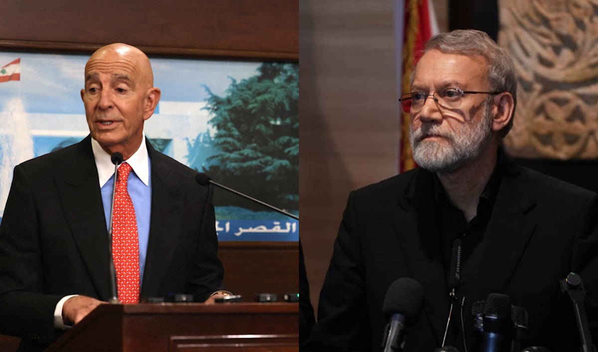 أمين المجلس الأعلى للأمن القومي الإيراني في عين التينة والموفد الأميركي توم برّاك في قصر بعبدا (الأخبار)