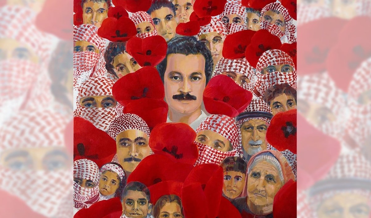 سامية حلبي. «تحية إلى غسان كنفاني». وسائط مختلفة على كانفاس. 218 × 212× 3 سم. 2017