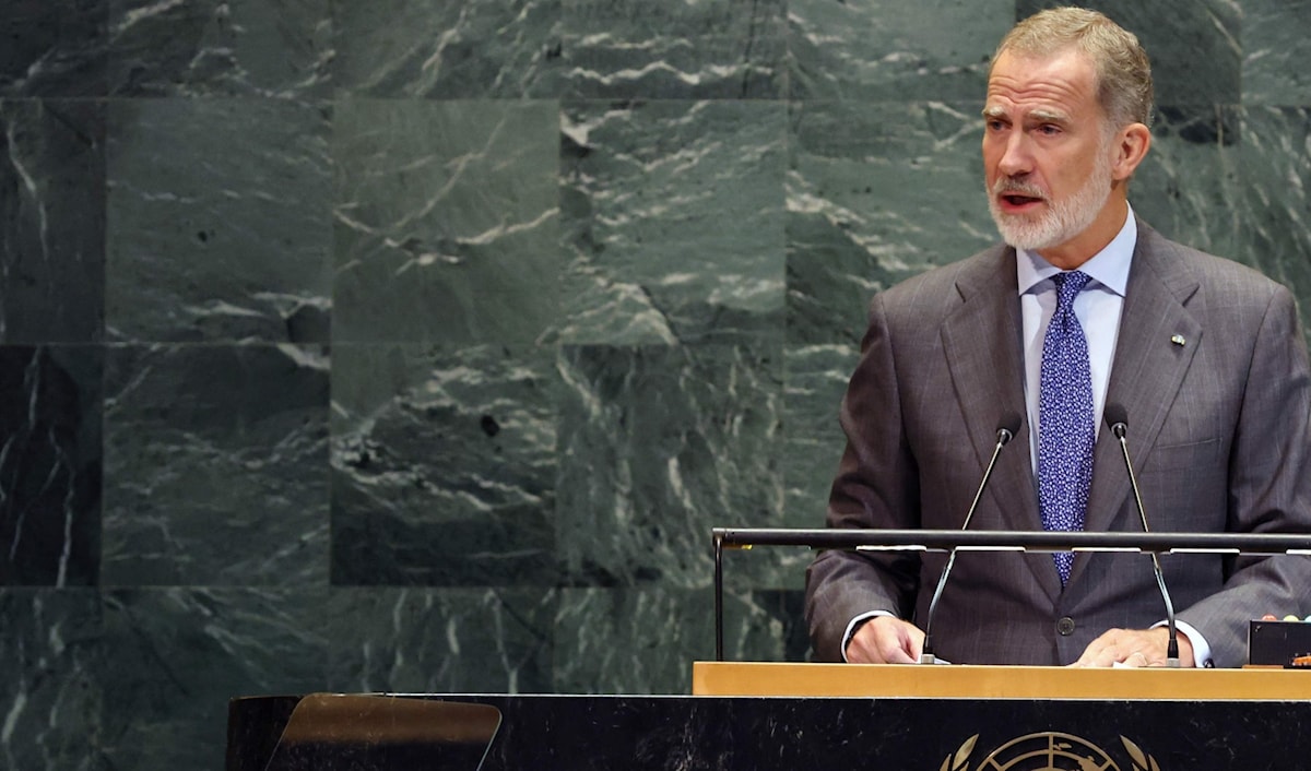 ملك إسبانيا متحدثاً أمام الجمعية العامة للأمم المتحدة الأسبوع الماضي (أ ف ب)