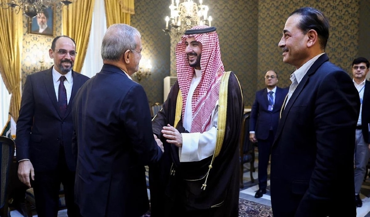 خالد بن سلمان مصافحاً بزشكيان بحضور منير وقالين (أ ف ب)