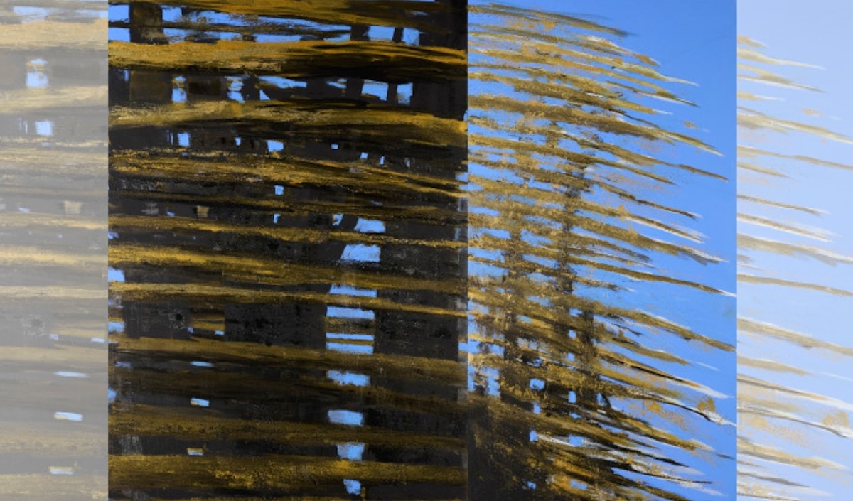 نبيل نحّاس - «تعدّدٌ بلا حدود»، 2026- تجهيز أكريليك على قماش ارتفاع 290 سم x 45 م بالطول - تفصيل، لوحة مزدوجة: 290 x 350 سم (إيلي بخعازي)