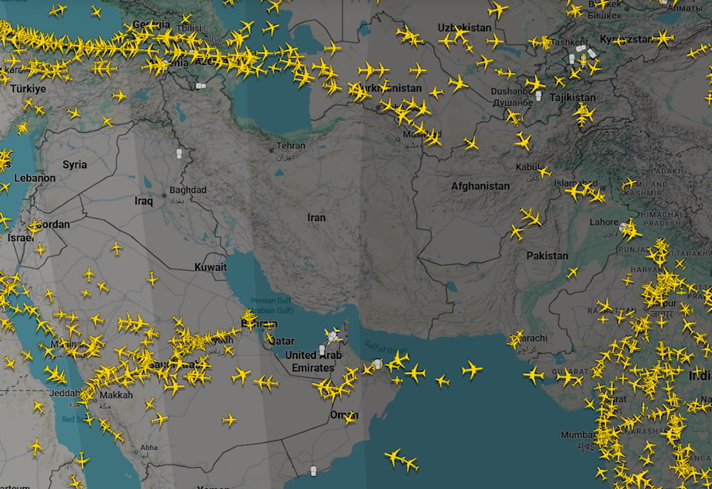 صورة محدثة لحركة الطيران على تطبيق &laquo;flightradar&raquo; تظهر خلو الأجواء من الطيران (من الويب)