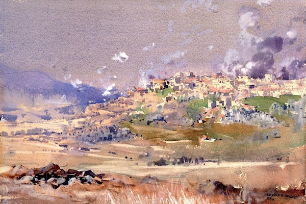 لوحة توثّق قصفاً أسترالياً على بلدة مرجعيون في لبنان، التي كانت تحت سيطرة قوات فيشي، في صباح 8 حزيران (يونيو) 1941