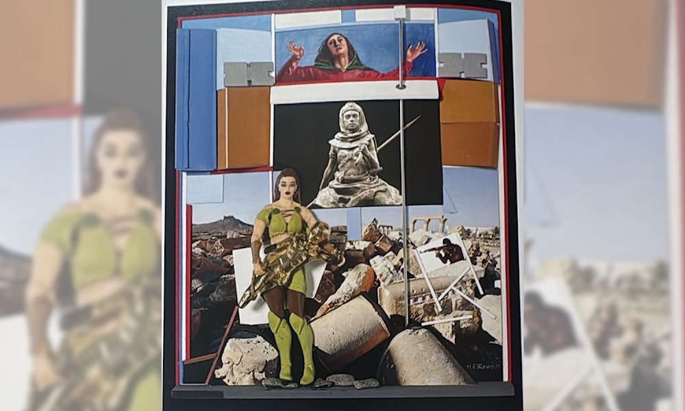 &laquo;نيسا ريفان تنقذ تمثالاً في تدمر&raquo; (2025 ـــ 33 &times;  &times; 28 &times; 4 سم ـ زيت وأكريليك على الخشب، ألمنيوم، طباعة &laquo;جيكليه&raquo;، تمثال برونزي عتيق، أوراق ذهبية، ومجسّم بلاستيكي جاهز على لوح من الخشب الرقائقي)