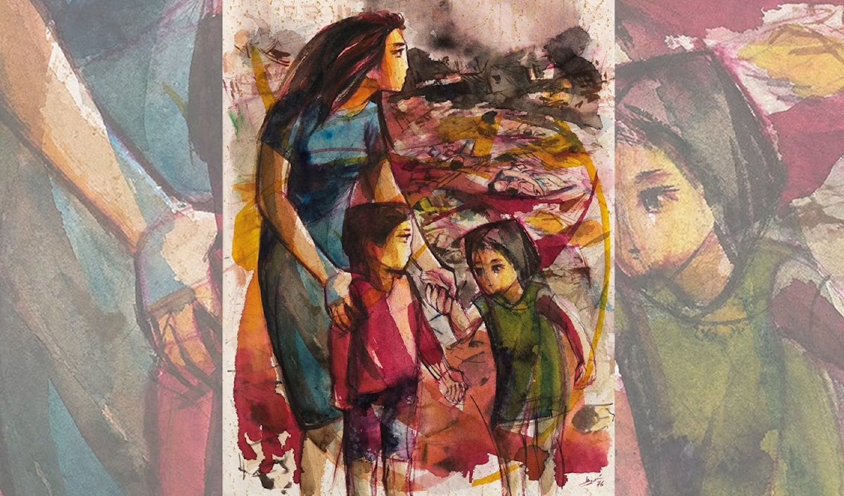إسماعيل شموط (1930–2006). «من دون عنوان» (من سلسلة «تل الزعتر»). ألوان مائية، حبر وغرافيت على ورق. 49 × 36 سم. 1976