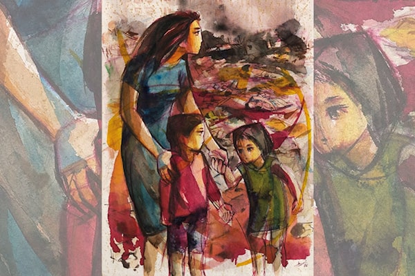 إسماعيل شموط (1930–2006). «من دون عنوان» (من سلسلة «تل الزعتر»). ألوان مائية، حبر وغرافيت على ورق. 49 × 36 سم. 1976