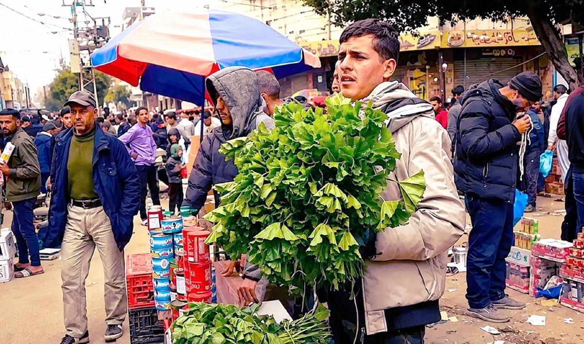 شباب عاطلون يلجأون إلى جمع وبيع الخُبَّيزة بسبب الظروف الصعبة في غزة (متداوَلة على وسائط التواصل الاجتماعي)